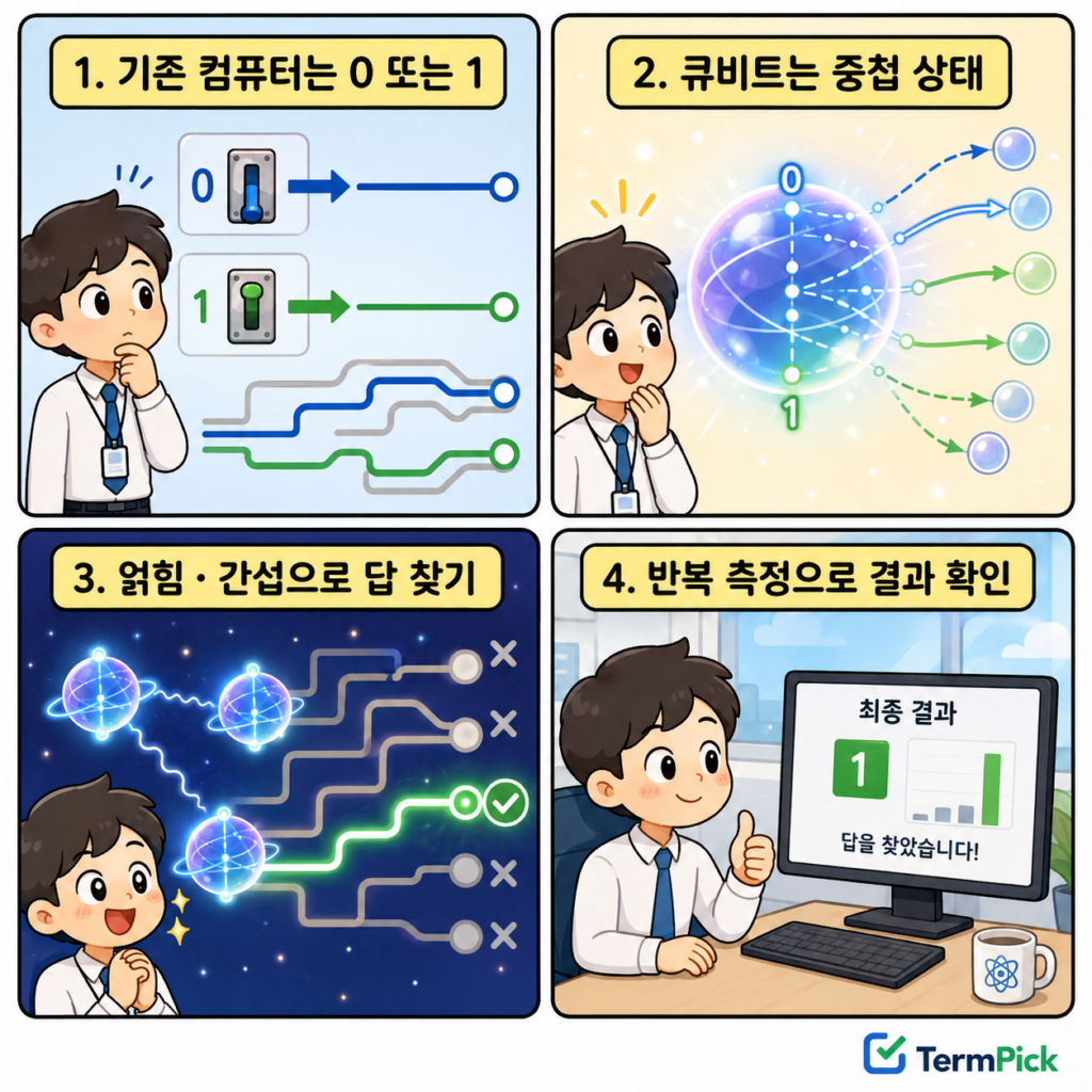 양자컴퓨터가 중첩과 간섭을 이용해 결과를 찾는 과정을 설명한 4컷 만화