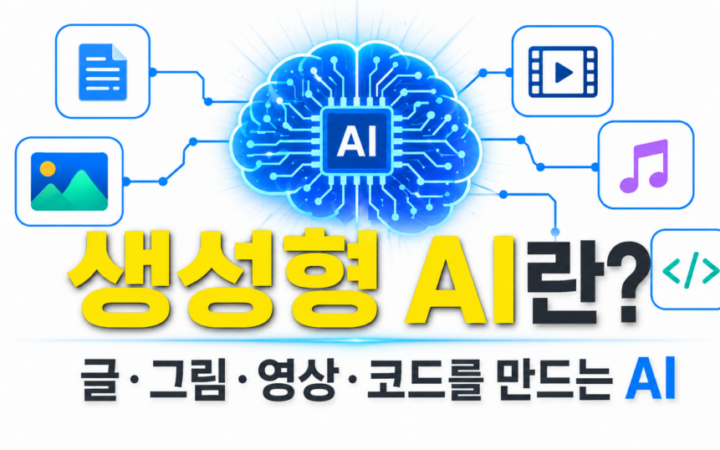 생성형 AI가 글 이미지 영상 음성 코드를 만드는 개념을 설명한 대표 이미지