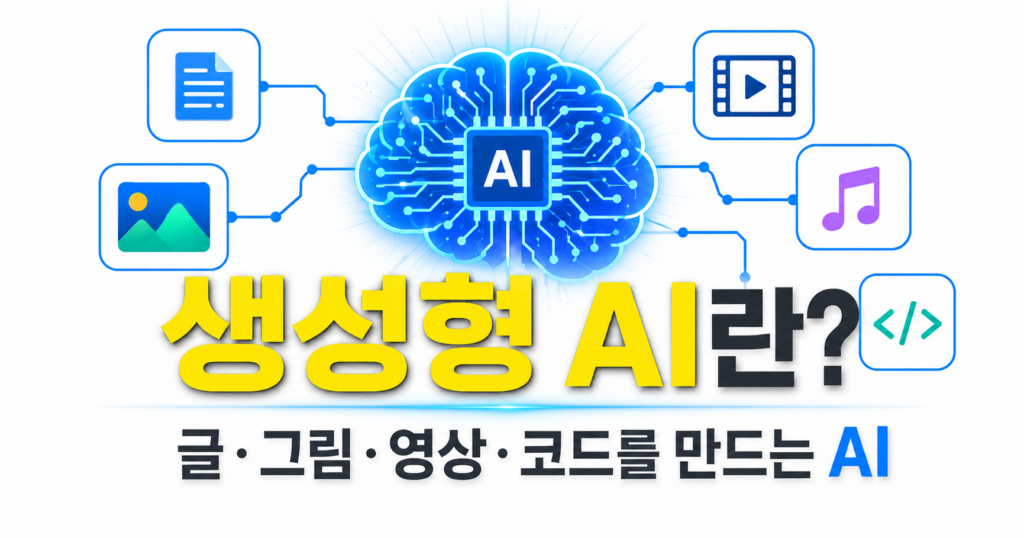 생성형 AI가 글 이미지 영상 음성 코드를 만드는 개념을 설명한 대표 이미지