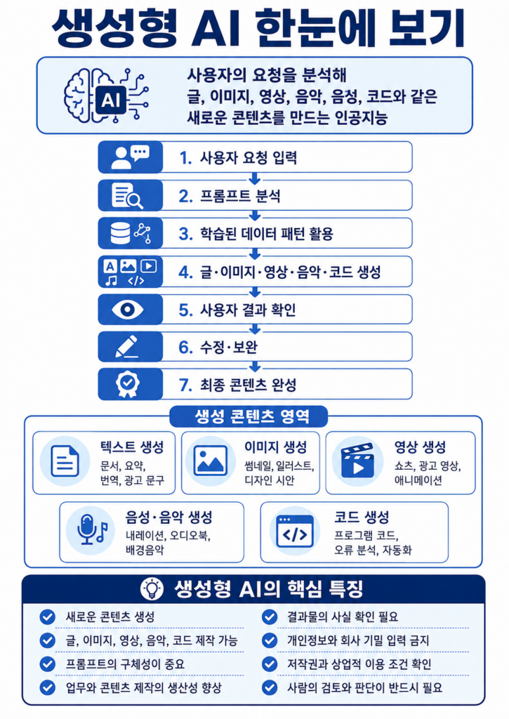 생성형 AI의 데이터 학습 요청 분석 결과 생성 검토 과정을 정리한 인포그래픽