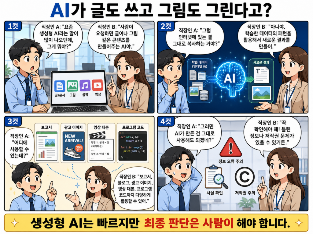 생성형 AI 결과의 정보 오류와 저작권 검토 필요성을 설명한 4컷 만화