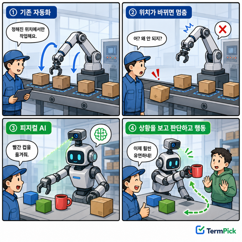 피지컬 AI란 무엇인지 기존 자동화 로봇과 비교해 설명한 4컷 만화