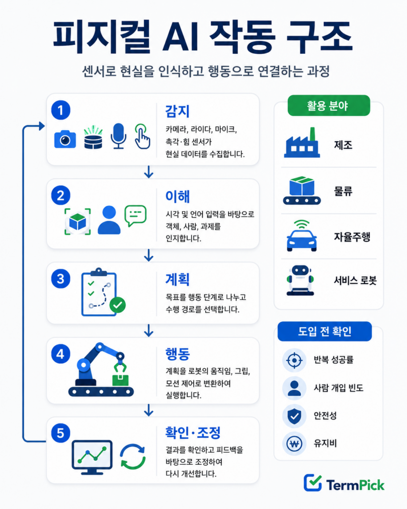 피지컬 AI란 무엇인지 감지 이해 계획 행동 확인 조정 과정으로 정리한 인포그래픽