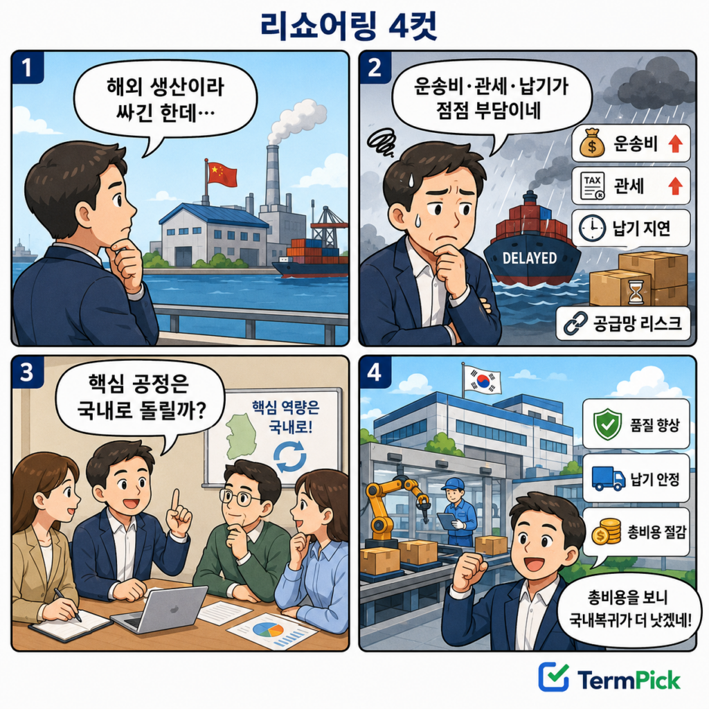 공급망 불안과 비용 상승으로 기업이 리쇼어링을 검토하는 과정을 설명한 4컷 만화