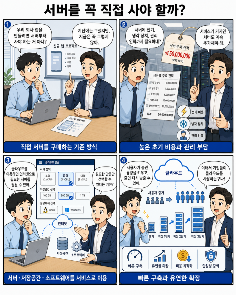 직접 서버 구매와 클라우드 서비스 이용의 비용·관리·확장성 차이를 설명한 4컷 만화