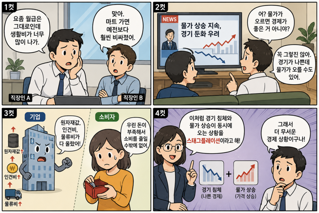 물가 상승과 소득 정체로 가계 생활비 부담이 커지는 스태그플레이션 상황을 표현한 4컷 만화