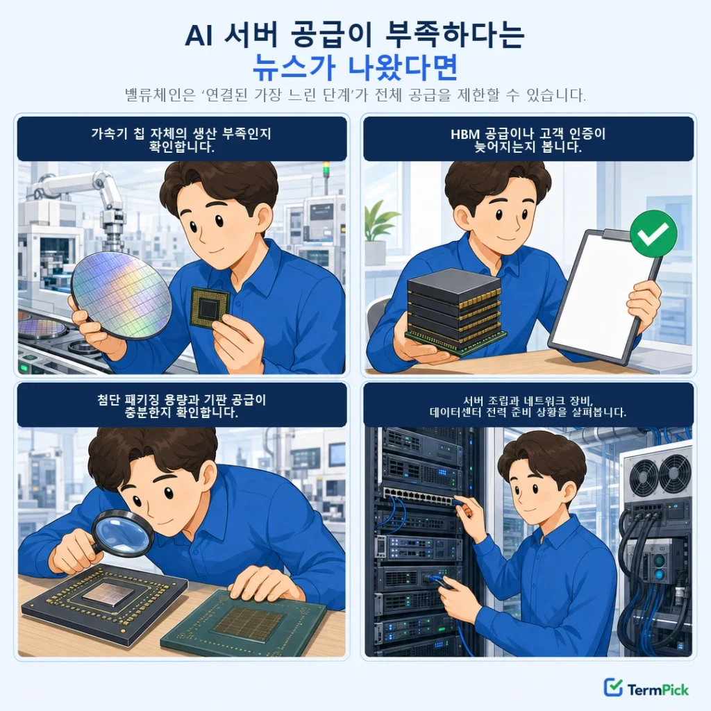 AI 반도체 밸류체인 공급 부족 원인을 단계별로 확인하는 4컷 만화