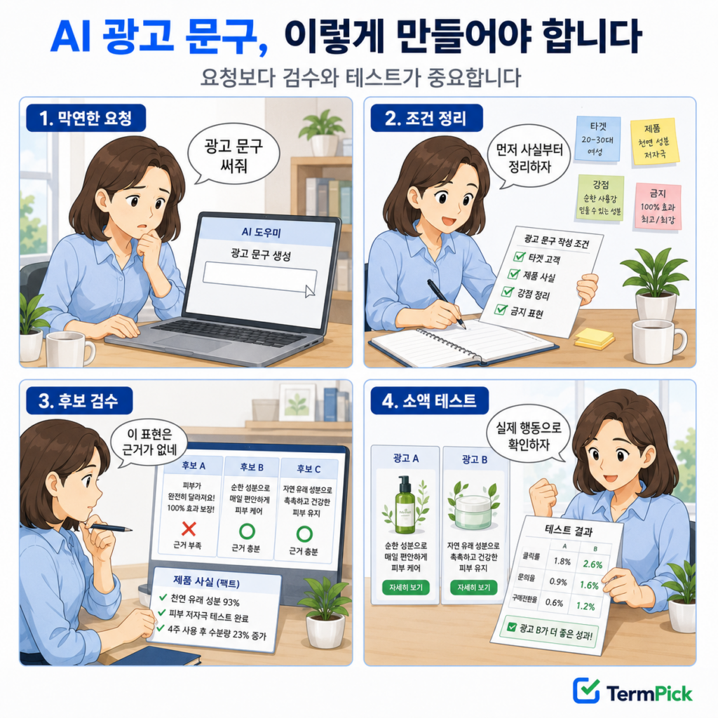 광고 문구 AI에 상품 조건을 입력하고 사실 검수 후 소액 테스트하는 4단계 과정