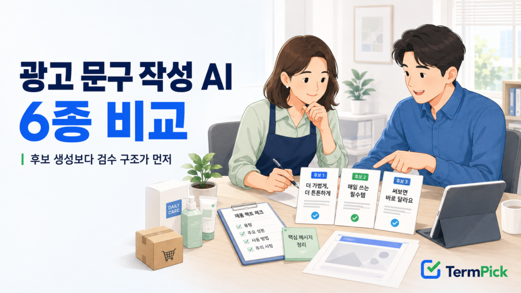 광고 문구 작성 AI 비교를 위해 여러 문구 후보와 상품 정보를 검토하는 사업자