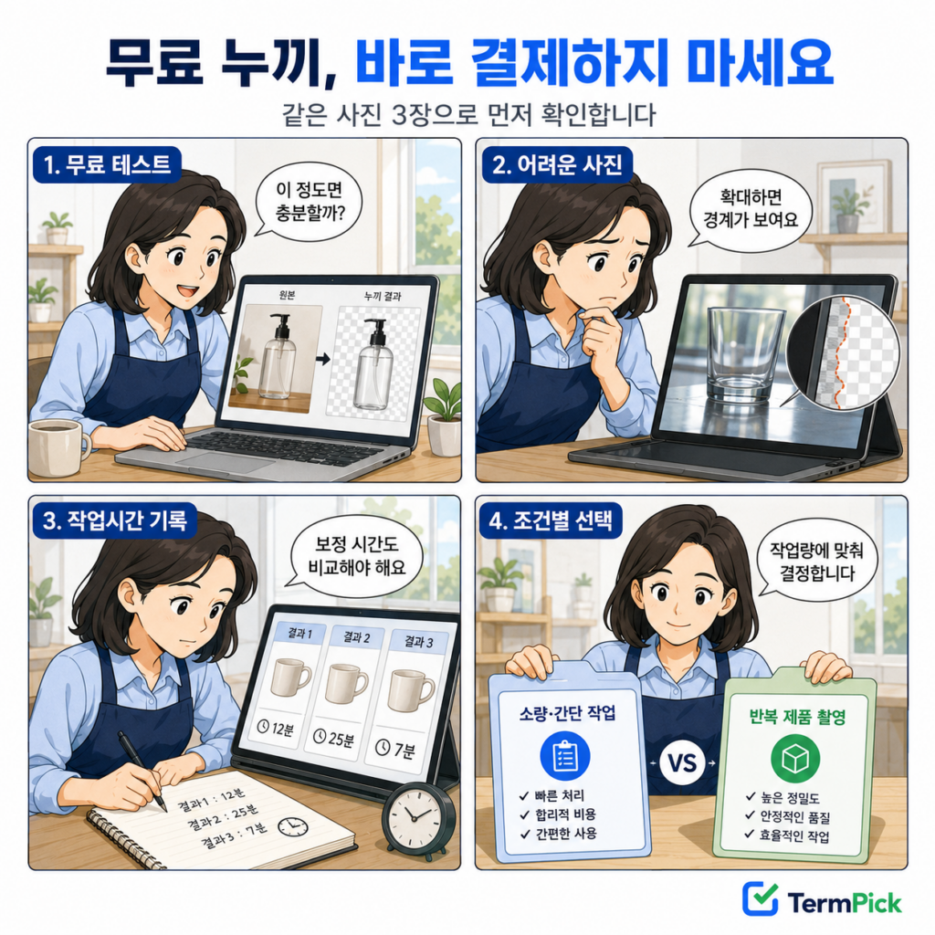 같은 제품 사진으로 무료 AI 배경 제거 도구를 테스트하고 작업시간을 비교하는 4컷 만화
