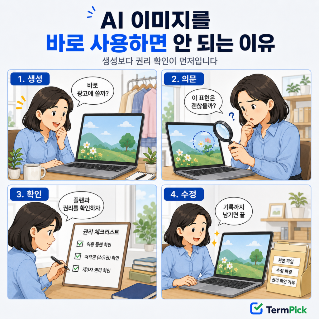 AI 이미지 생성 후 플랜과 제3자 권리를 확인하고 수정 기록을 남기는 4컷 만화