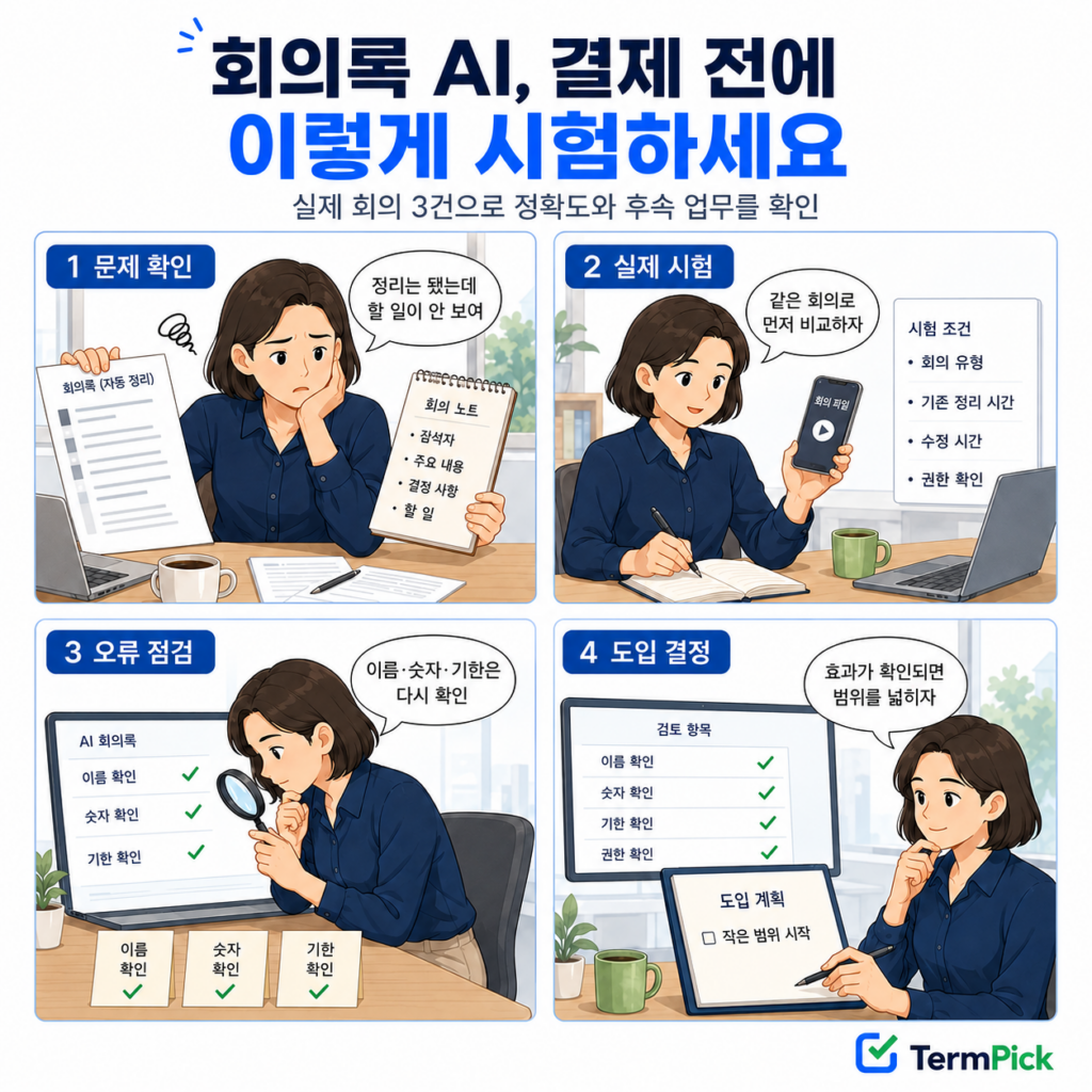 실제 회의로 AI 회의록의 숫자와 담당자 정확도, 시간 절감 효과를 시험하는 4컷 만화