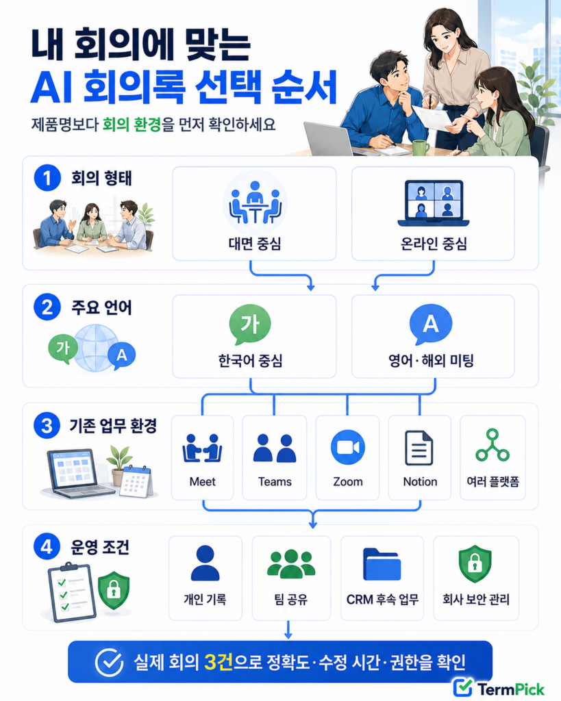 회의 형태와 언어, 기존 업무 환경, 보안 조건으로 AI 회의록 도구를 고르는 절차도