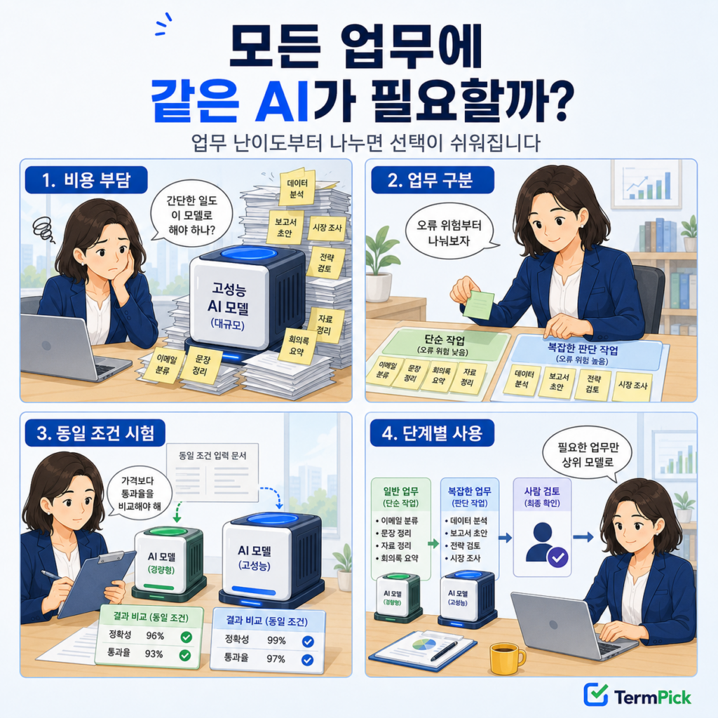 단순 업무와 복잡한 업무를 구분해 AI 모델을 단계별로 사용하는 4컷 만화
