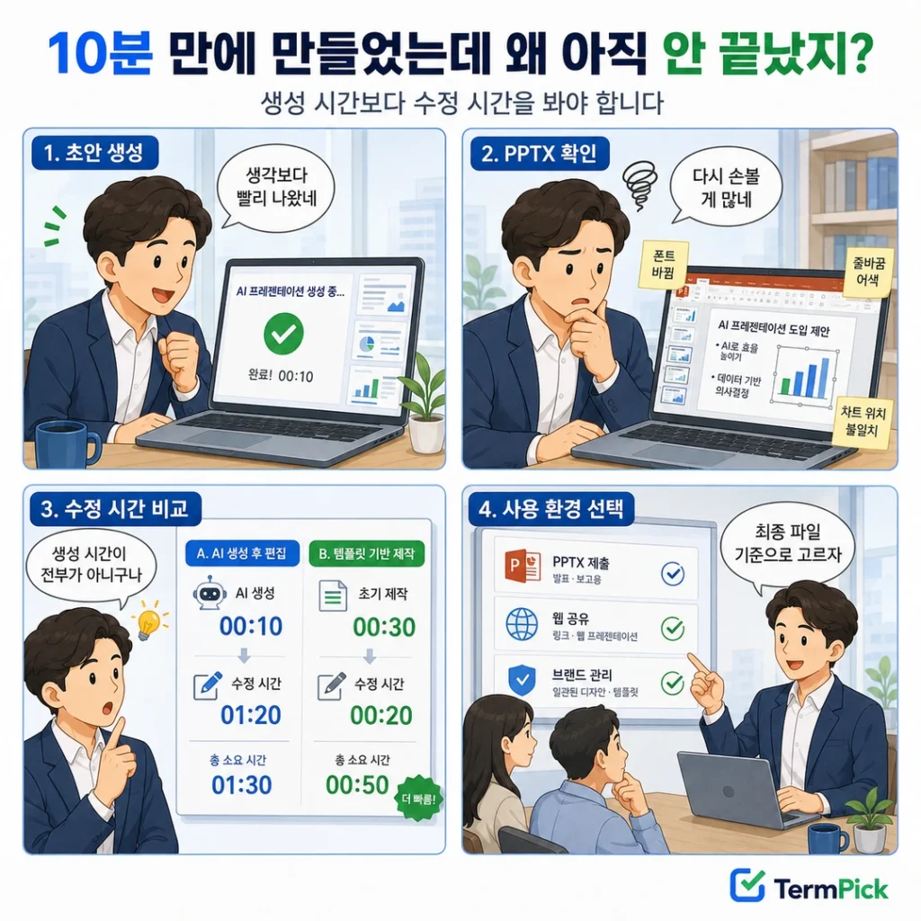 AI 발표자료를 생성한 뒤 PPTX 수정 시간을 비교해 도구를 선택하는 4컷 만화