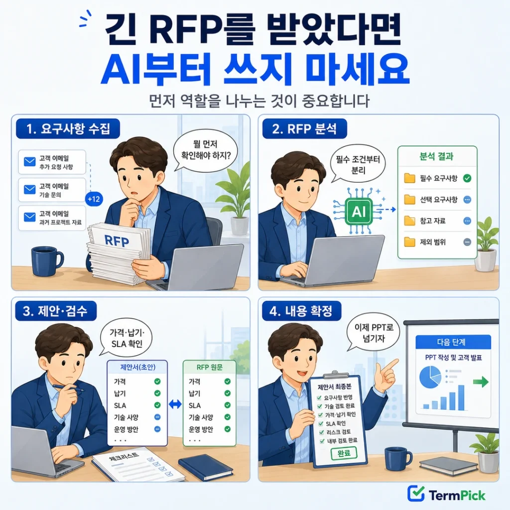 긴 RFP를 AI로 분석하고 제안 논리와 가격 납기 SLA 조건을 검수한 뒤 프레젠테이션 단계로 넘기는 4컷 만화