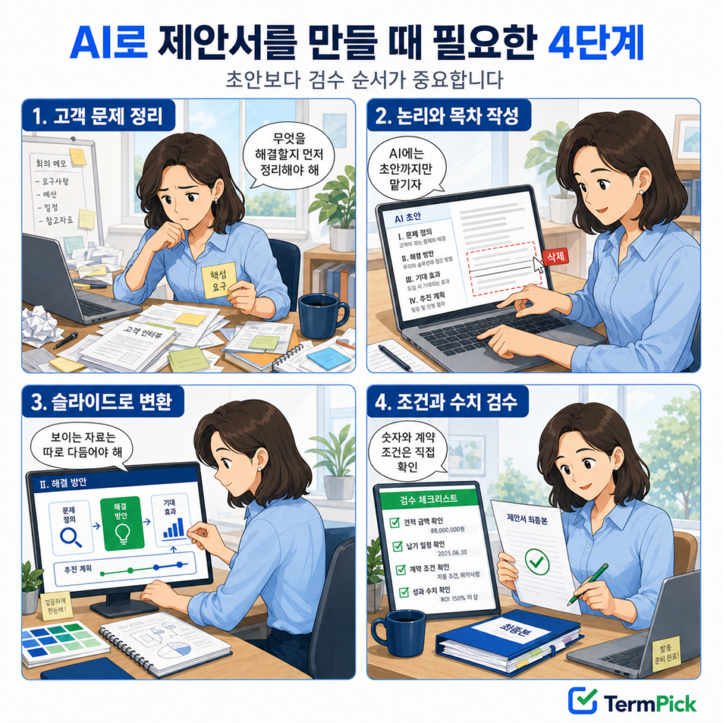 고객 문제 정리부터 수치 검수까지 AI 제안서 제작 과정을 보여주는 4컷 만화