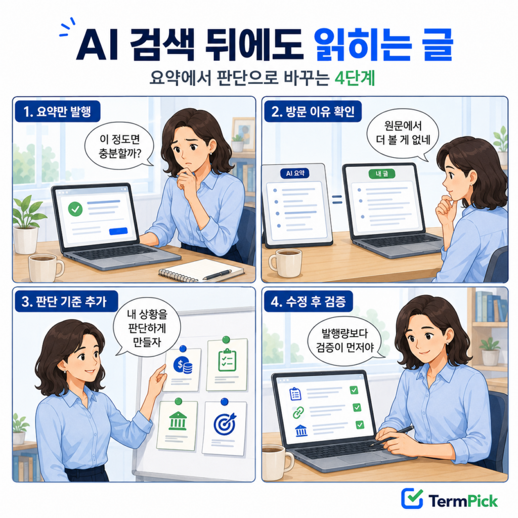 AI 검색에서 단순 요약 글을 조건별 판단형 글로 수정하는 4단계 만화