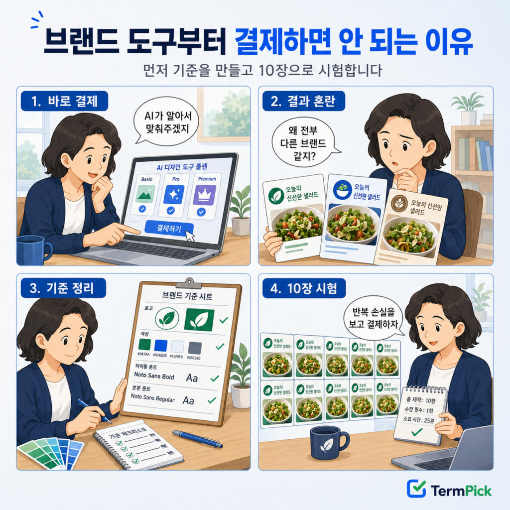 브랜드 키트 기준 없이 AI 디자인 도구를 결제한 뒤 브랜드 자산을 정리하고 10장으로 시험하는 4컷 만화