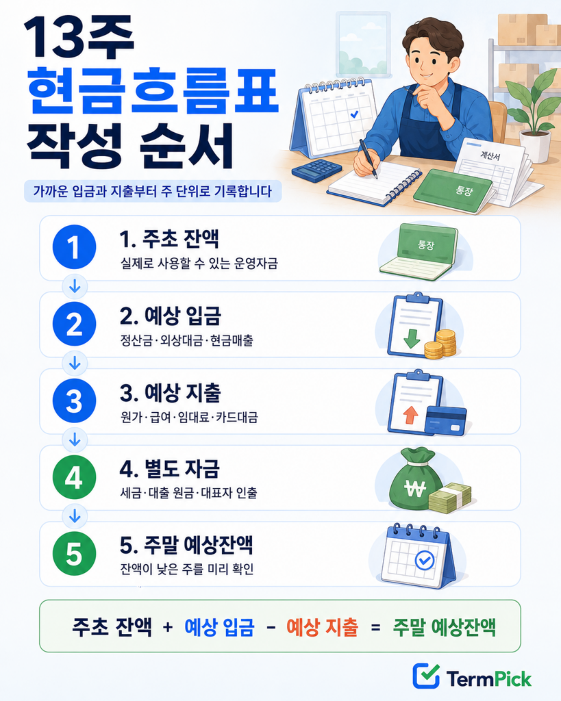 13주 사업자 자금계획에 주초 잔액과 예상 입출금을 기록하는 절차도