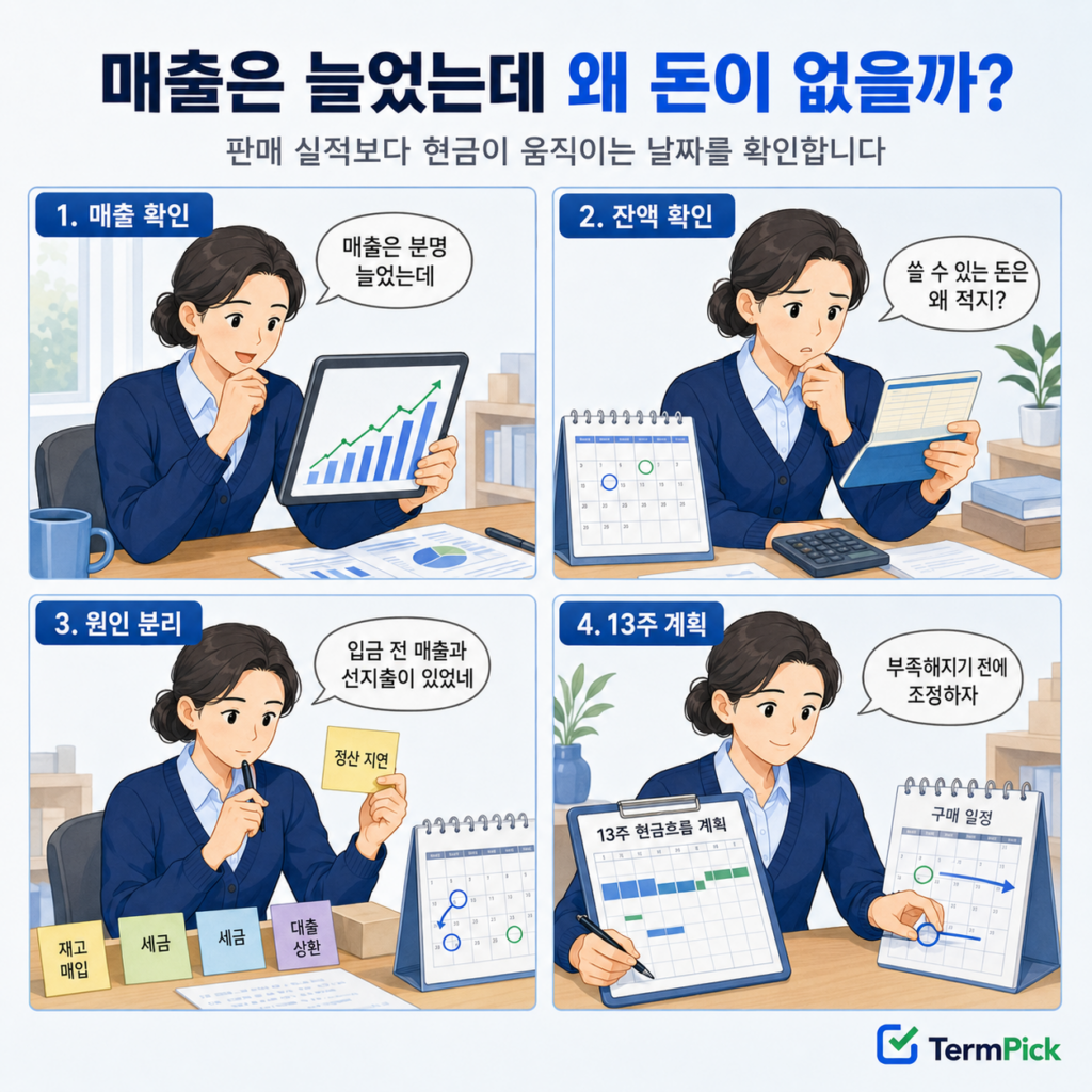 매출 확인부터 13주 자금계획 작성까지 현금흐름을 관리하는 4컷 만화