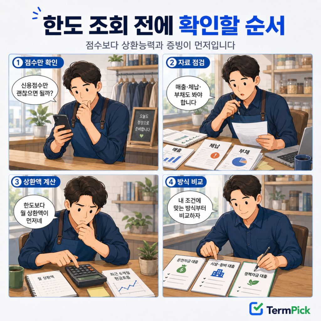 신용점수 확인부터 매출·체납·부채 점검과 대출방식 비교까지 보여주는 4컷 만화