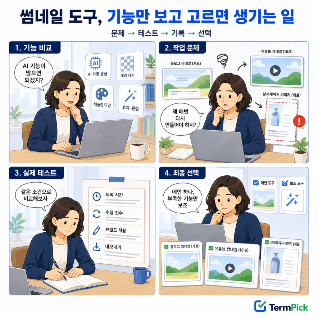 사업자가 썸네일 AI 도구를 같은 조건으로 테스트해 메인 도구를 선택하는 4컷 만화