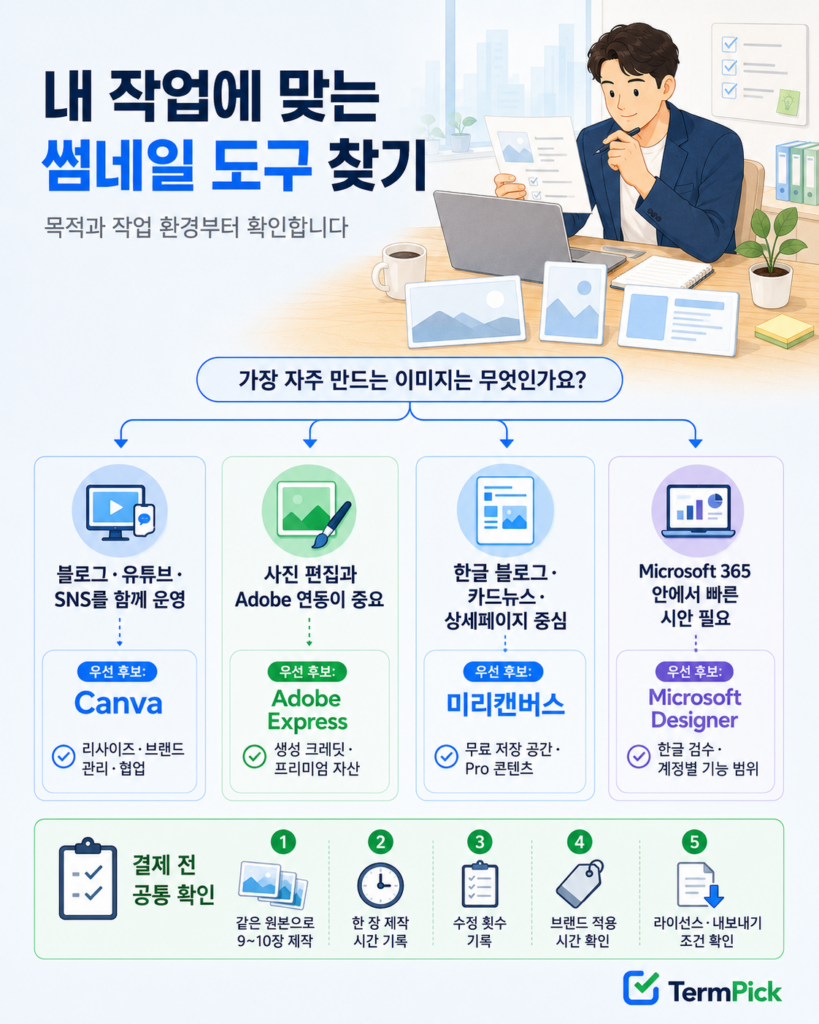 블로그 유튜브 상세페이지 작업 조건에 따른 썸네일 AI 도구 선택 흐름도