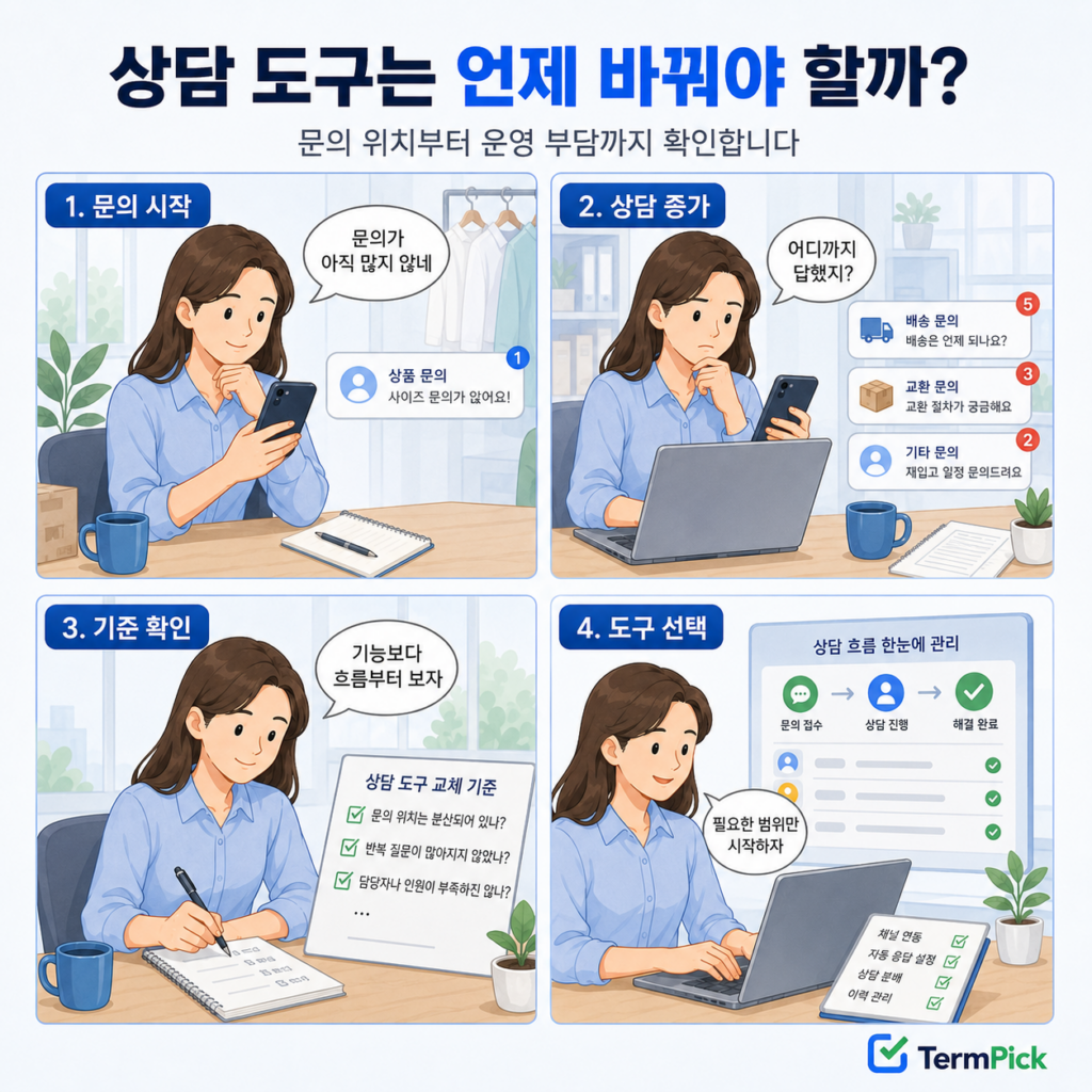 쇼핑몰 문의 증가에 따라 상담 경로와 관리 필요성을 확인하는 4컷 만화