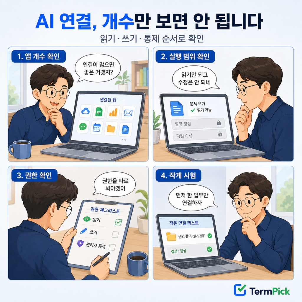 AI 연결 앱을 읽기 쓰기 관리자 통제 순서로 확인하는 4컷 만화