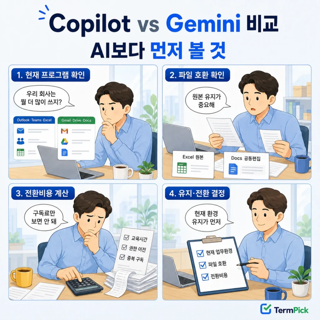 현재 프로그램 확인부터 파일 호환, 전환비용, 유지 여부까지 판단하는 Copilot vs Gemini 4컷 만화