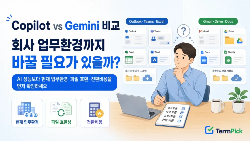 Copilot vs Gemini 비교와 Outlook·Teams·Excel 또는 Gmail·Drive·Docs 중심 회사 업무환경 선택