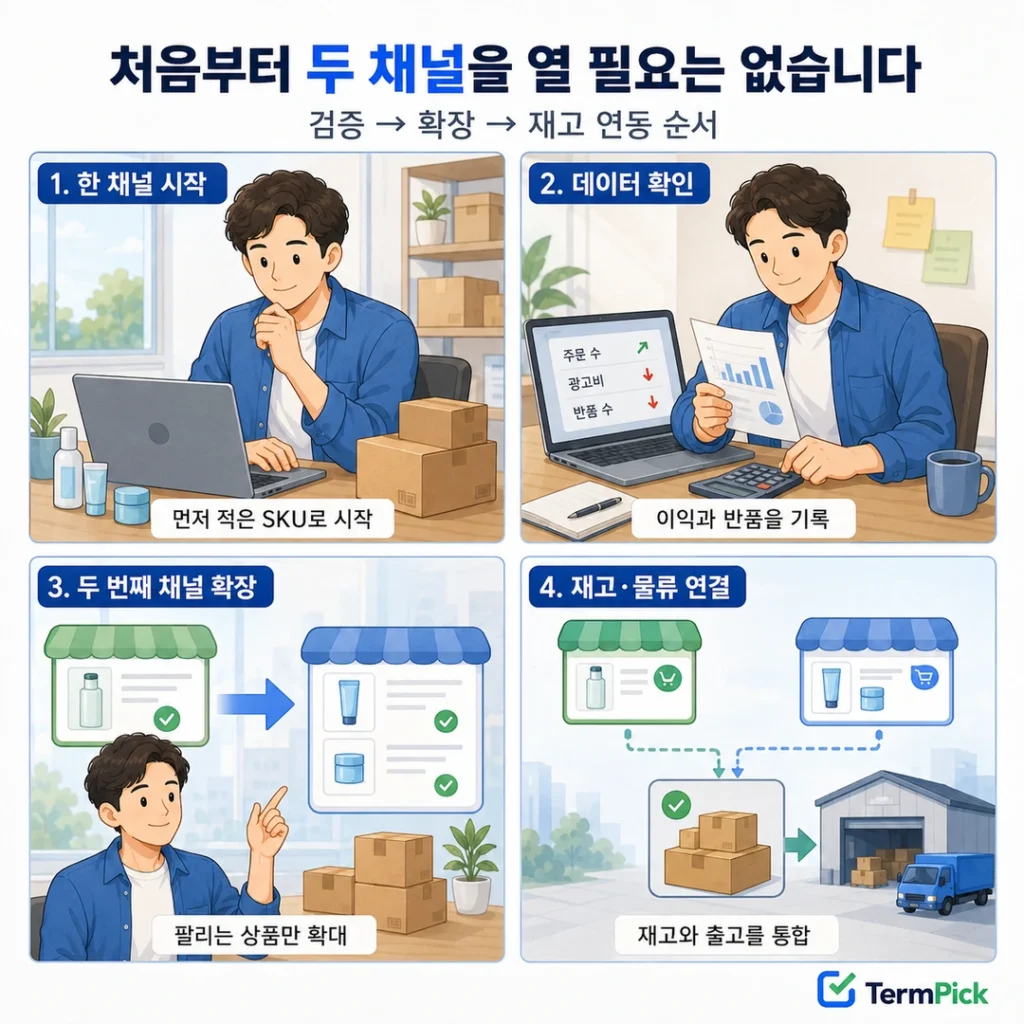 한 판매채널에서 상품을 검증한 뒤 두 번째 채널과 재고 물류를 연결하는 4단계 과정