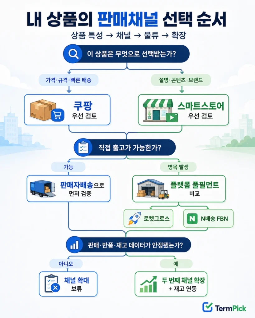 상품 특성과 직접 출고 가능 여부에 따라 쿠팡 스마트스토어 풀필먼트와 채널 확장을 결정하는 흐름도