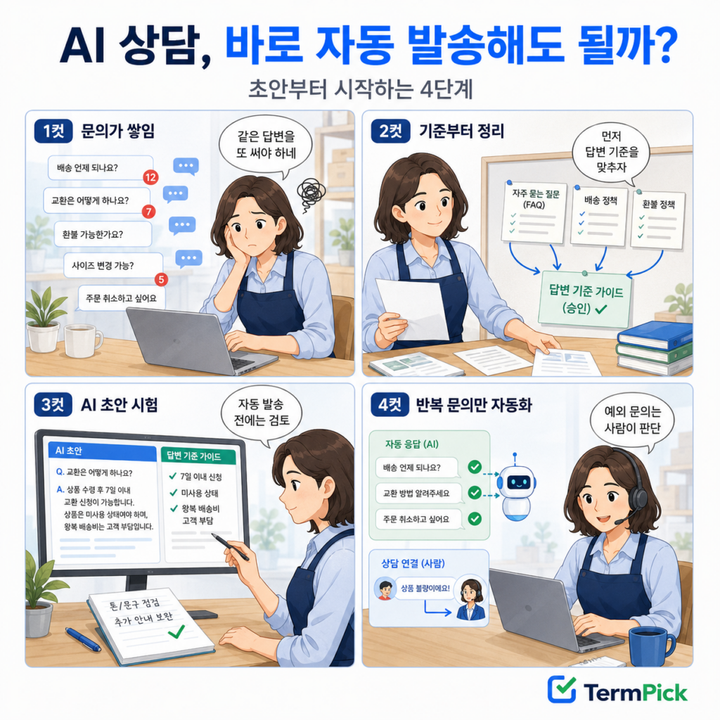 고객상담 AI를 문의 분류와 답변 기준 정리부터 단계적으로 적용하는 4컷 만화
