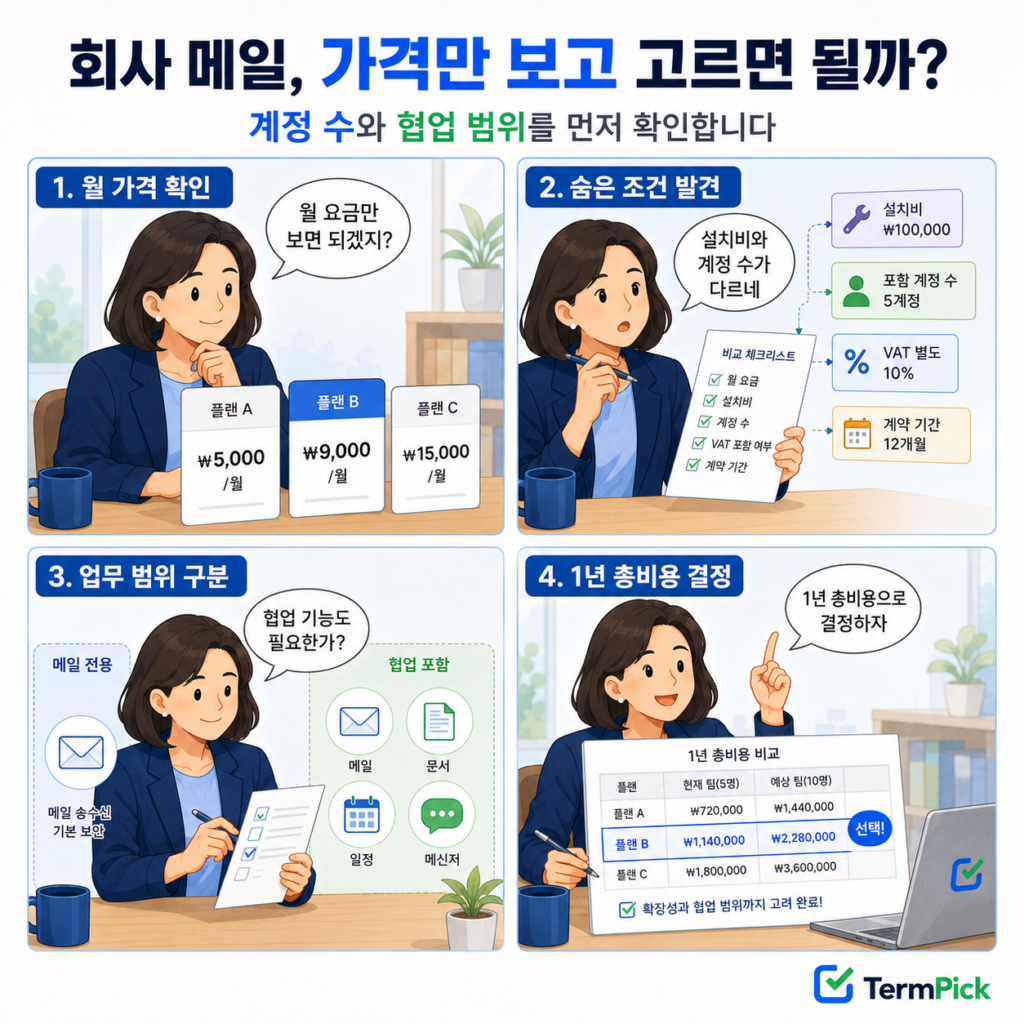 개인사업자가 월 가격과 계정 수를 확인해 도메인 메일을 선택하는 4컷 만화