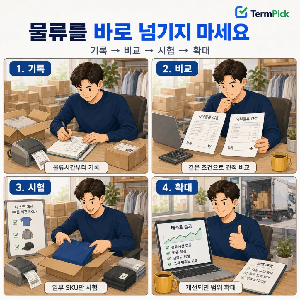 직접 출고 기록부터 일부 SKU 물류대행 시험과 확대까지 보여주는 4컷 만화