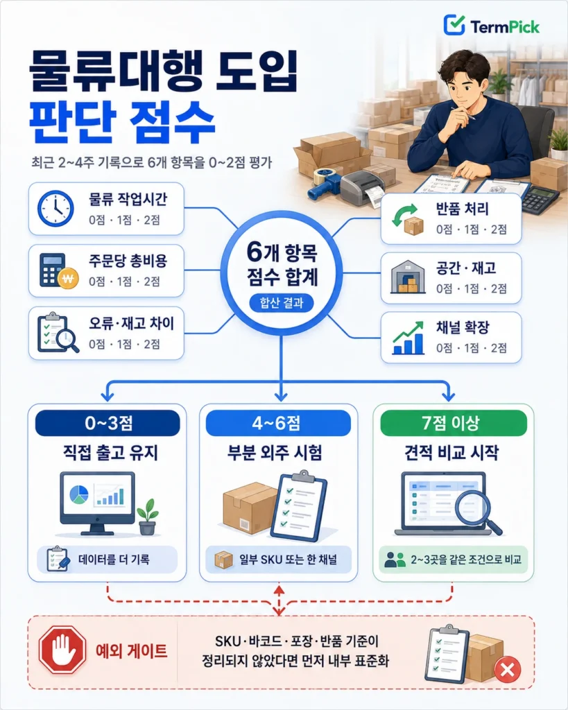 물류시간 비용 오류 반품 재고 채널확장 점수를 합산해 직접 출고 유지와 부분 외주 시험을 판단하는 흐름도