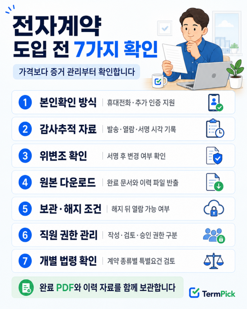 전자계약 서비스 도입 전 본인확인과 문서 보관 등 7가지 기준을 정리한 인포그래픽