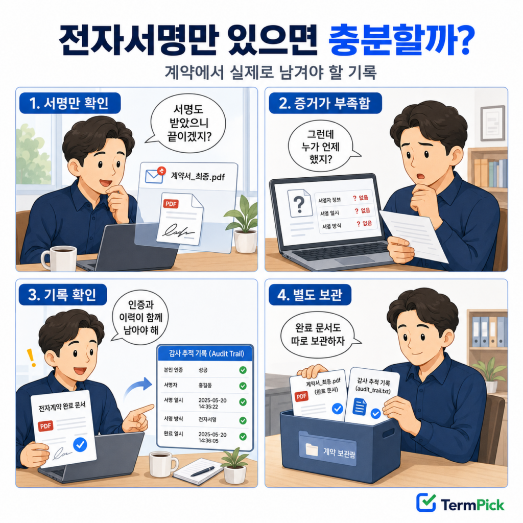 전자서명 이미지 확인부터 인증 이력과 완료 문서 보관까지 보여주는 4컷 만화