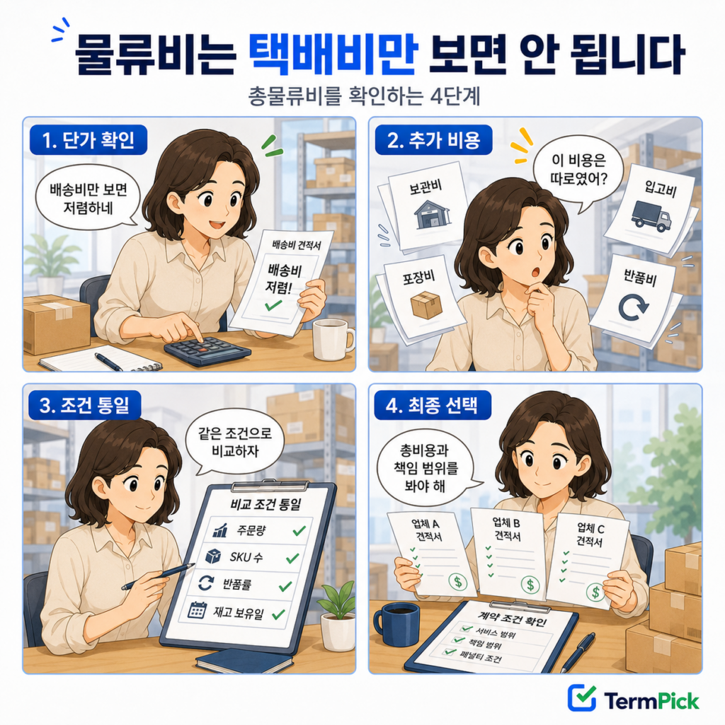 배송비 외에 보관·입고·포장·반품 비용을 확인하는 풀필먼트 견적 비교 4컷 만화