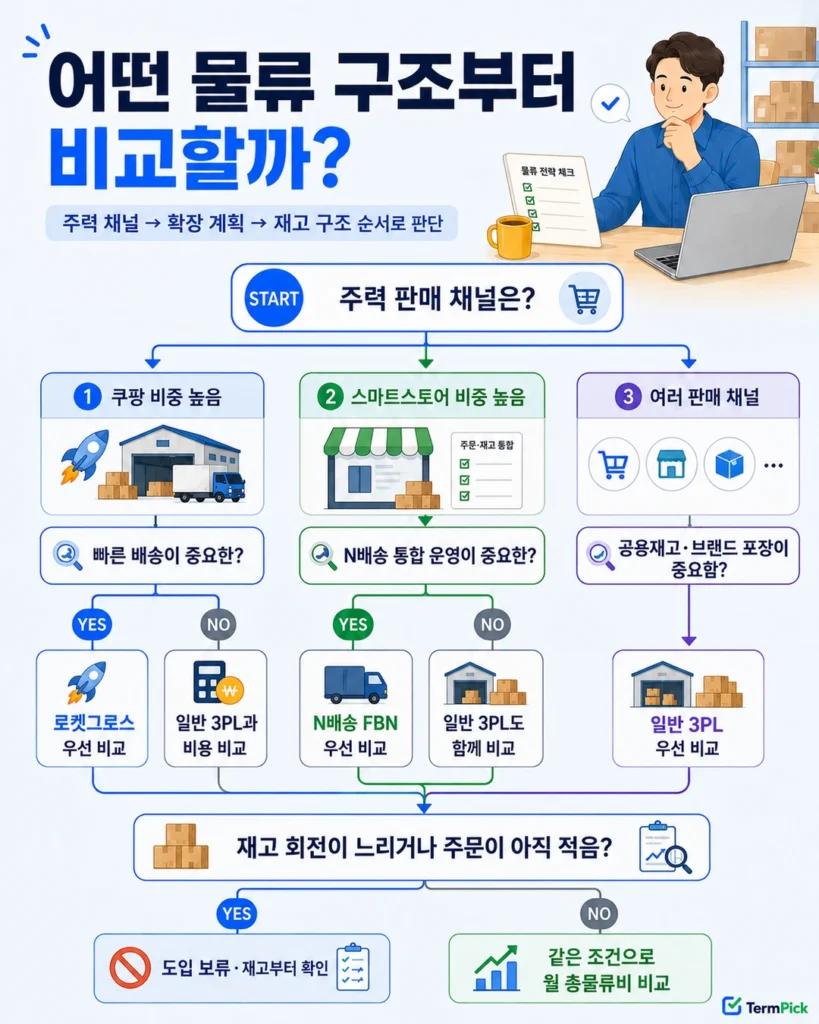판매 채널과 재고 운영 조건에 따라 로켓그로스 N배송 FBN 일반 3PL을 선택하는 의사결정 흐름도