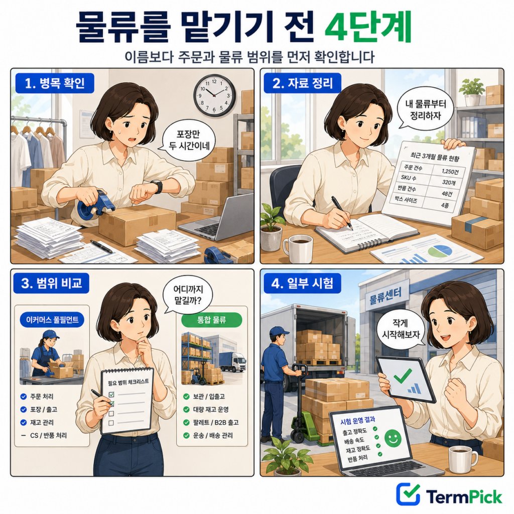 주문 데이터를 정리하고 풀필먼트와 3PL 범위를 비교한 뒤 일부 상품부터 시험하는 4컷 만화