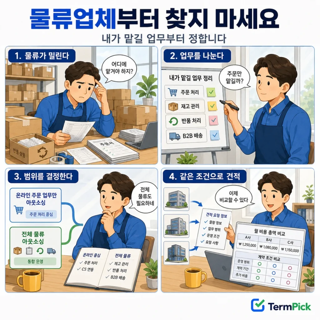 물류 업무를 정리하고 풀필먼트와 3PL 범위를 결정한 뒤 같은 조건으로 견적을 받는 과정
