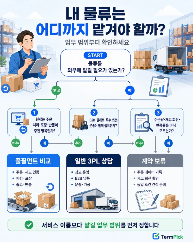 온라인 주문 병목과 복합 물류 필요 여부에 따라 풀필먼트 일반 3PL 계약 보류로 나누는 선택 흐름도