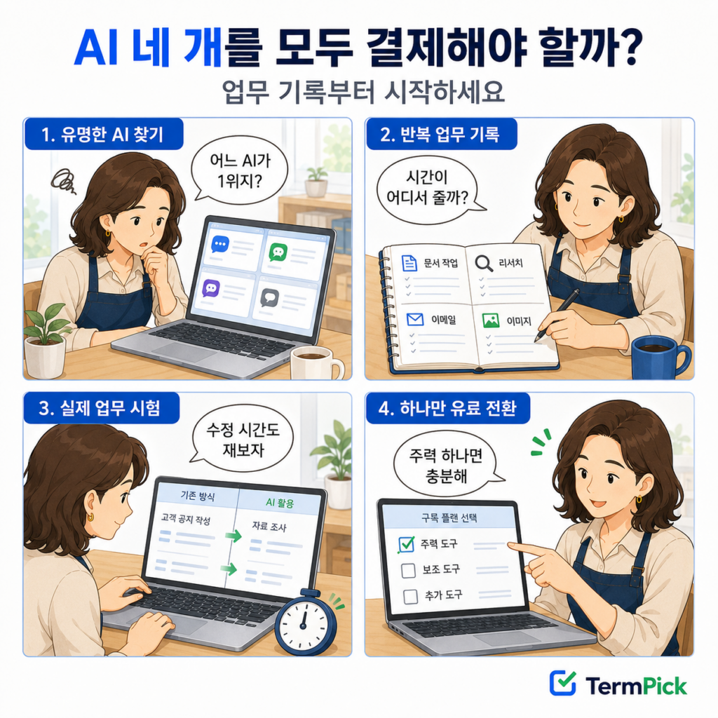 반복 업무를 기록하고 생성형 AI 하나만 유료로 선택하는 1인 사업자 4컷 만화