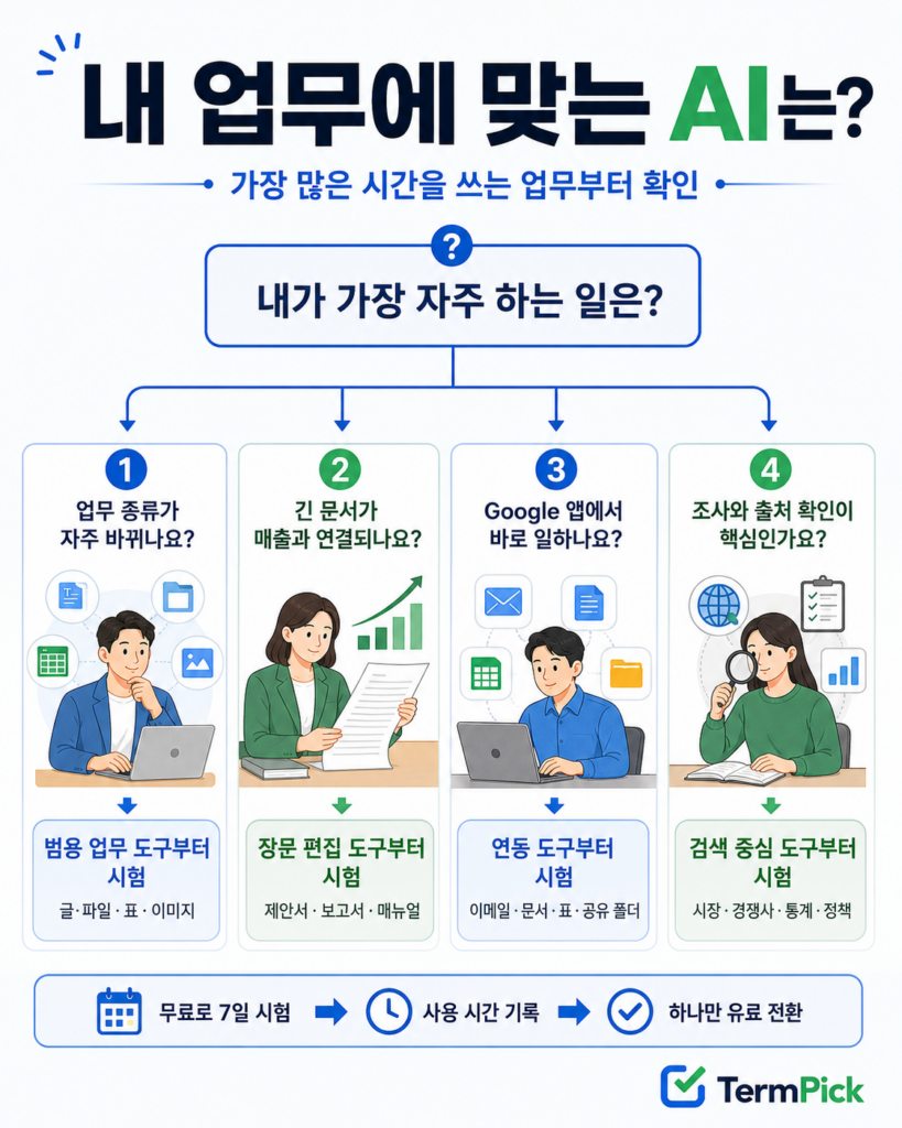 글쓰기·장문·Google 앱·자료조사 업무별 생성형 AI 선택 기준 인포그래픽