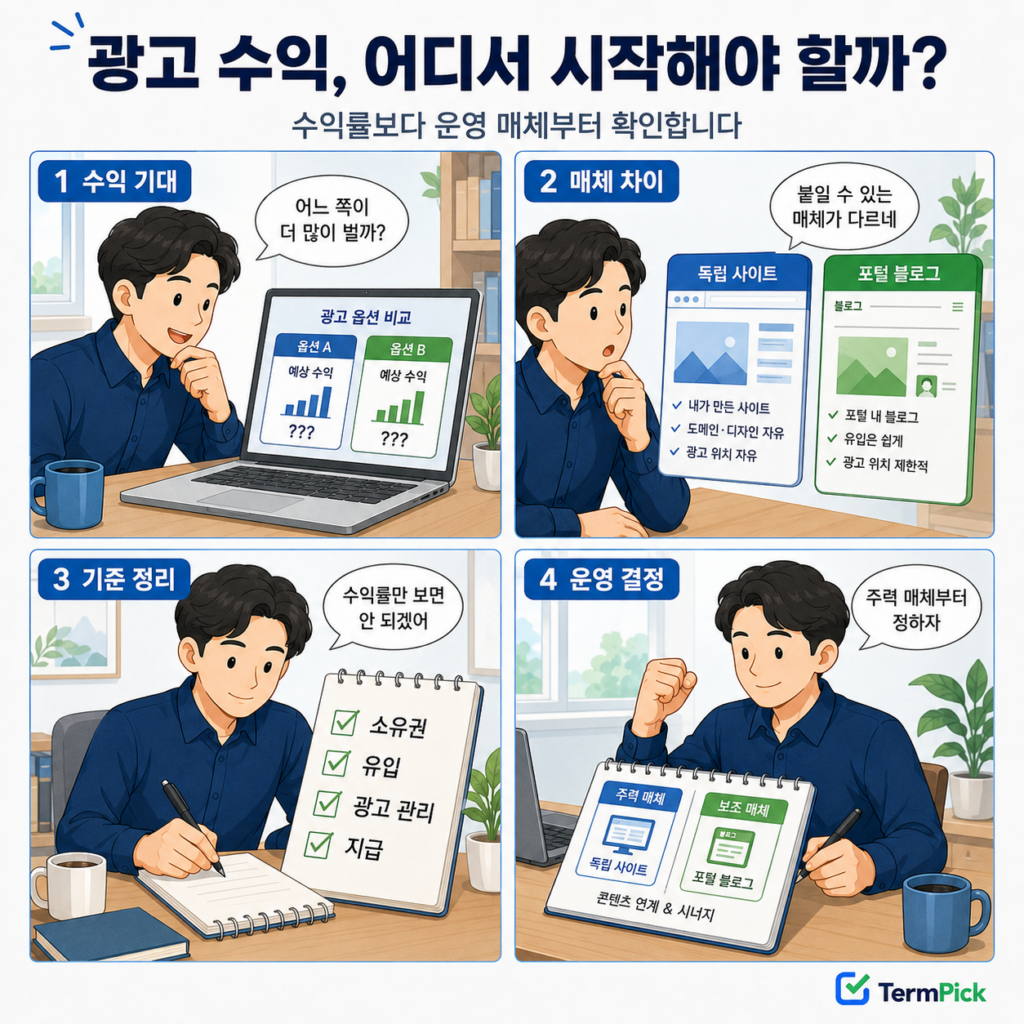로그 광고 수익률보다 운영 매체를 먼저 선택하는 과정을 보여주는 4컷 만화