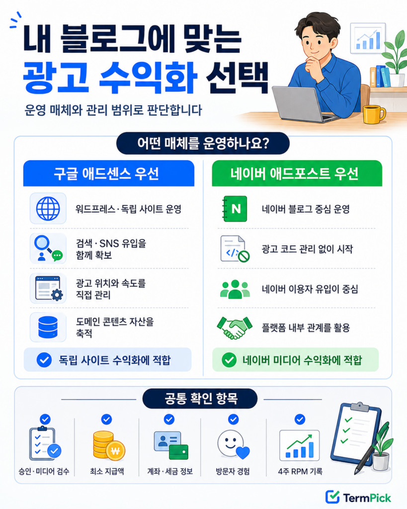 독립 사이트와 네이버 블로그 운영 조건에 따라 광고 수익화 서비스를 선택하는 표