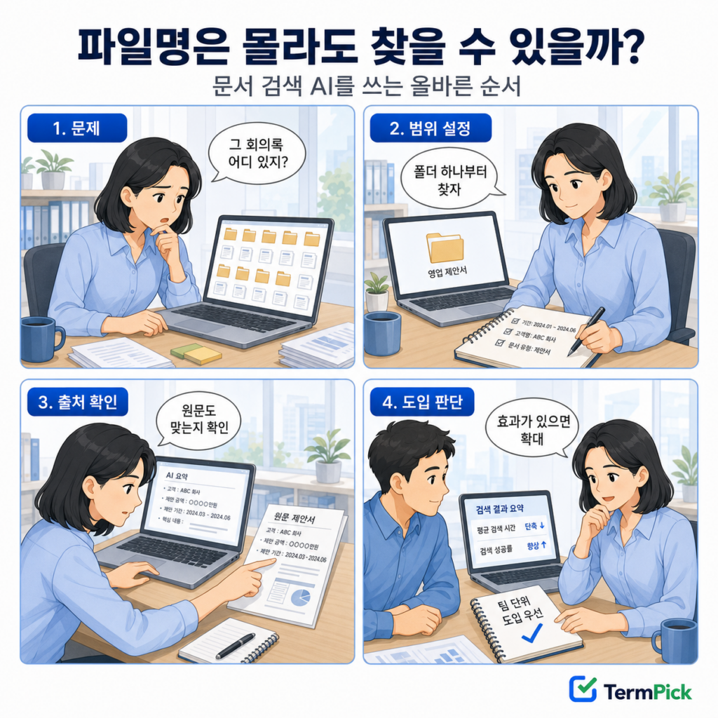 회사 자료를 문제 확인부터 출처 검증까지 검색하는 4컷 만화